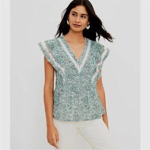 LOFT Spring Bloom Mint Lace Flutter Sleeve Peplum Top S Boho Cotton Cottagecore